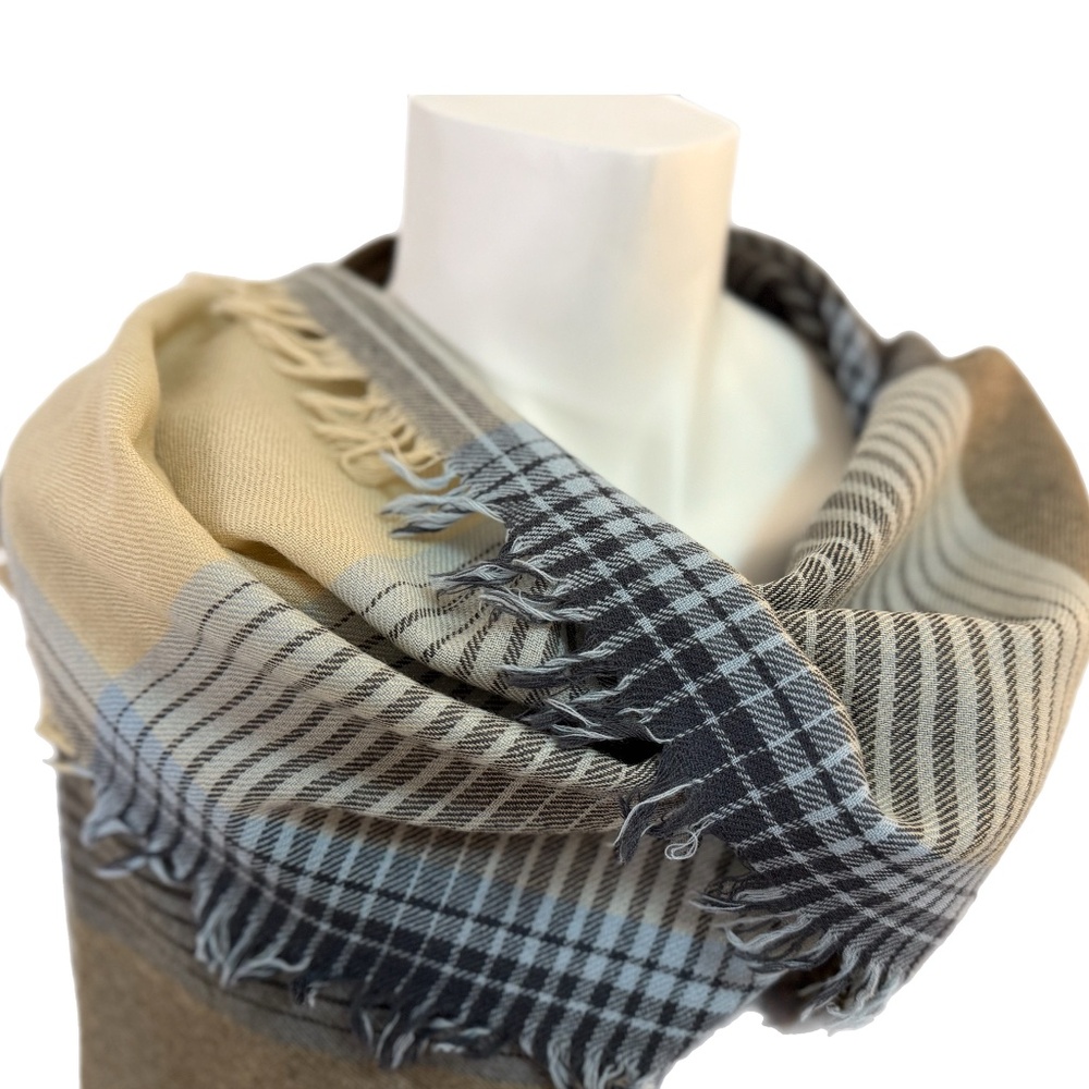 Jax Italy 100% Wool Plaid Scarf | Beige Blue Brown Wrap | Made in Italy